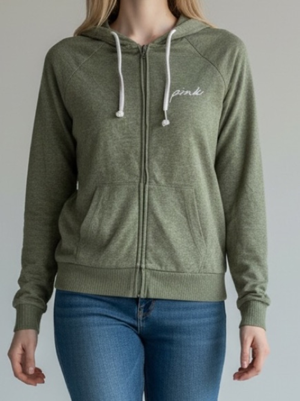 PINK Victoria's Secret Olive Green Full-Zip Hoodie Y2K Sz S